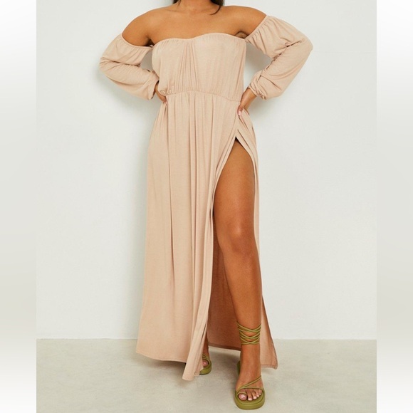 BooHoo Bardot Balloon Sleeve Off the shoulder Maxi dress stone color Sz 12 new - Picture 1 of 10